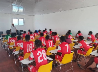 JE Sarpong speaking to players of Kenpong Football Academy