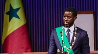 Senegal's new president,  Bassirou Diomaye Faye addresses the audience after he took an oathoath