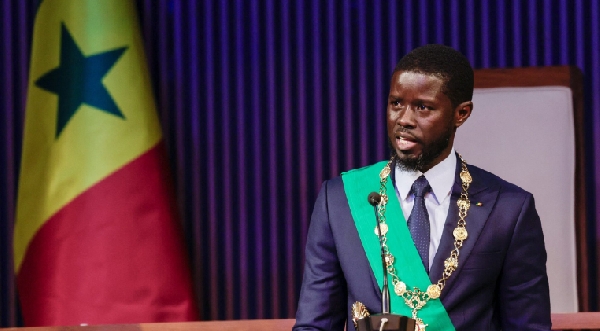 Senegal's new president,  Bassirou Diomaye Faye addresses the audience after he took an oathoath