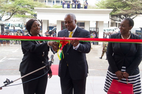 Mahama accompanied by the Chief Justice Georgina Theodora Wood, left and the Attorney General
