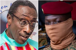 Veteran Ghanaian satirist Kwaku Sintim-Misa (L) and Burkina Faso’s President, Ibrahim Traoré