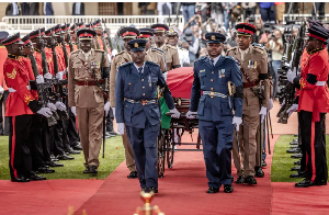 Senior Kenya Army officials flank the coffin of Raila Odinga during his state funeral in Narobi