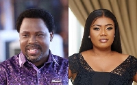 The late Prophet TB Joshua (left) is criticized by Bridget Otoo (right)