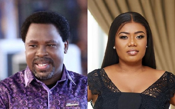 The late Prophet TB Joshua (left) is criticized by Bridget Otoo (right)