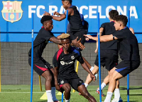 Ghanaian duo Abdul Aziz and David Oduro training with their Barcelona teammates