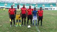 Referee Eric Dunu (3rd from right) and his assistants before Fijai United played BYF Academy