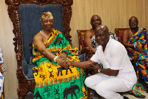 The Hon. Minister Ahmed Ibrahim exchanges pleasantries with the Ga Mantse, Nii Tackie Teiko Tsuru II