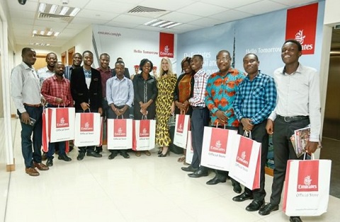 Country Manager of Emirates Airlines, Catherine Wesley in a group photograph with some journalists