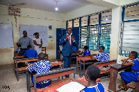 Dr. Yaw Osei Adutwum addressing BECE candidates at one of the centres he visited on Tuesday