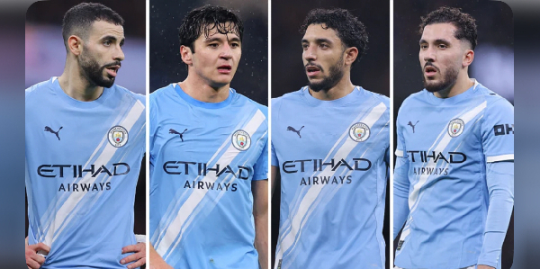 (left to right) Rayan Ait-Nouri, Abdukodir Khusanov, Omar Marmoush and Rayan Cherki