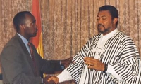 An old photo of Renowned Kenyan journalist Jeff Koinange (l) with the late JJ Rawlings