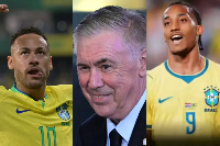 L-R: Neymar Jr, Carlo Ancelotti and Joao Pedro