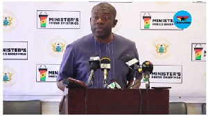 Kojo Oppong Nkrumah is Minister of Information addressing the media at a press conference
