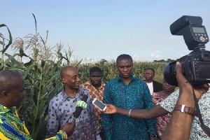 Dr Sagre Bambangi, a Deputy Minister of Agric, 2nd left and Mr Mustapha USSIF addressing the press