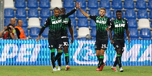 Kevin is joined by his teammates to celebrate his goal against Bologna