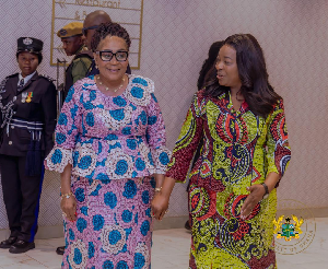 First Lady Lordina Dramani Mahama (L) walking with Mutinta Hichilema (R)