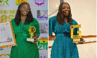 Bella Nkrumah in a collage with her two awards from