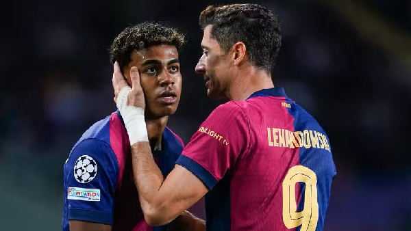 Yamal (L) and Lewandowski have been fined by UEFA