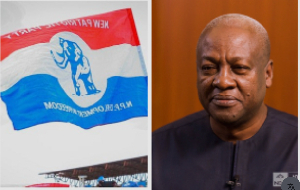 A photo of NPP's flag and John Mahama