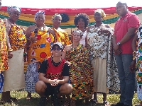 HE Anette Chao Garcia in her enstoolment garments and flanked by queenmothers in North Tongu