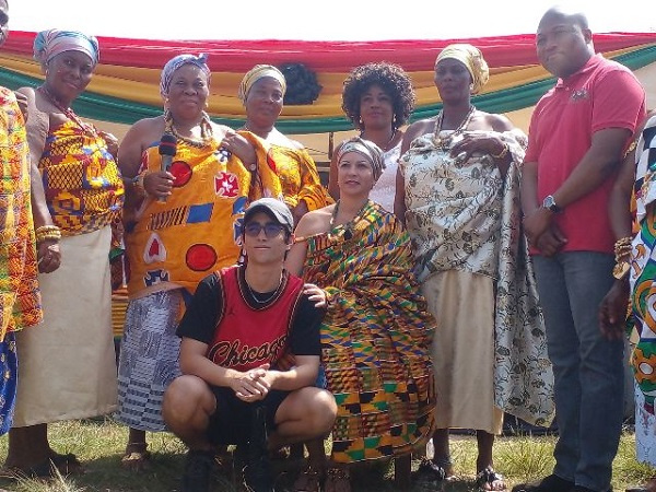 HE Anette Chao Garcia in her enstoolment garments and flanked by queenmothers in North Tongu