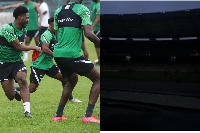 A photogrid of Super Eagles and the Moshood Abiola Stadium in Abuja
