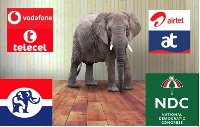 A picture of an elephant, communication network logos, and the NDC and NPP logos