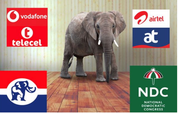 A picture of an elephant, communication network logos, and the NDC and NPP logos