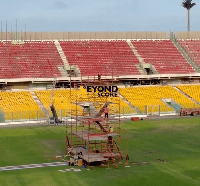 A stage has been mounted on the pitch