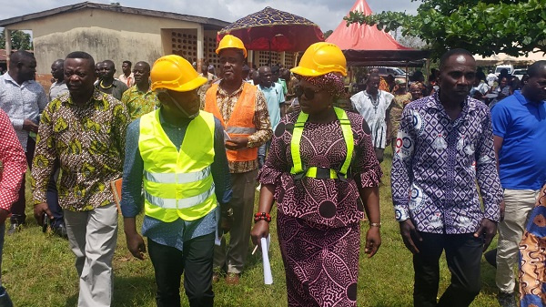 Bono Minister, Justina Owusu Banahene inspecting Ahenda 111 projects with contractors