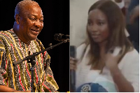 President Mahama and 18-year-old Bevline at the town hall meeting in London