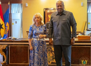 Dame Ann Gloag of Mercy Ships (L) and President John Mahama (R)