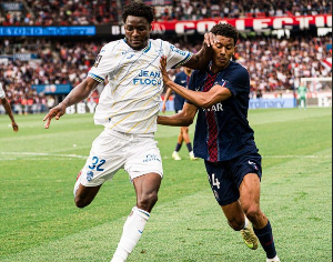 Ghana defender Nathaniel Adjei controlling the ball