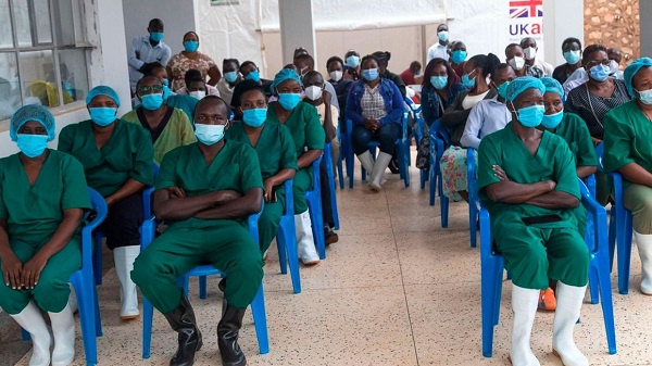 Nurses attending a brief at the Mubende Referral Hospital in Uganda on October 27, 2022