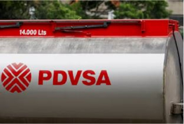The logo of Venezuelan state oil company PDVSA is seen on a fuel tank truck