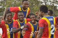 Accra Hearts of Oak players celebrating a goal