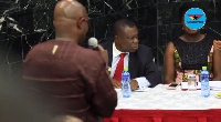 Ekow Asmah confronts Duah Adonteng [C] over the latter's lateness to the press conference