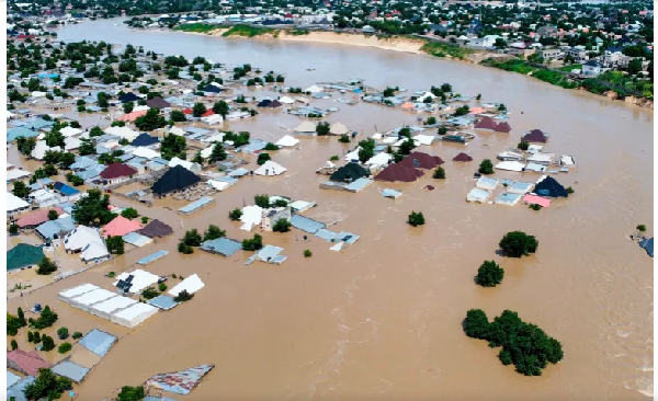 Houses are partially submerged following a dam collapse in Maiduguri, Nigeria, Tue, Sept 10, 2024