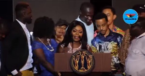 Afia Schwarzenegger celebrates her win with families and friends