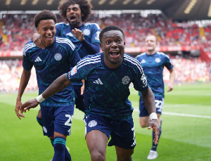 Abdul Fatawu Issahaku (forward) celebrates his spectacular match-winning strike.