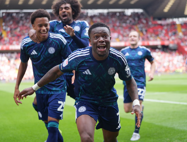 Abdul Fatawu Issahaku (forward) celebrates his spectacular match-winning strike.