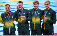 Bronze medallists L-R, SA's  Pieter Coetze, Guy Brooks, Ruard van Renen and Chad le Clos