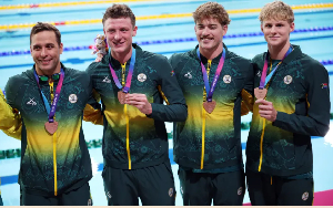 Bronze medallists L-R, SA's Pieter Coetze, Guy Brooks, Ruard van Renen and Chad le Clos Bronze medallists L-R, SA's Pieter Coetze, Guy Brooks, Ruard van Renen and Chad le Clos