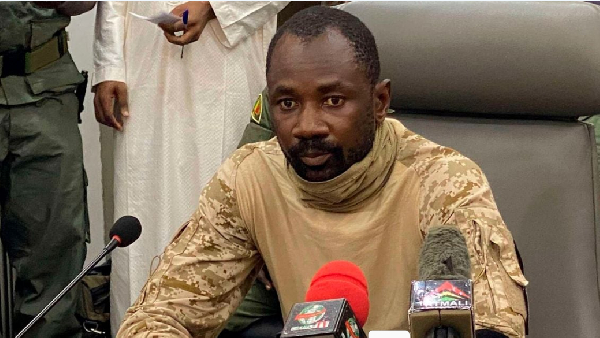 Mali transitional-government leader Colonel Assimi Goita speaking to the press