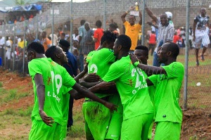 Dreams FC players celebrate after the goal against Kotoko