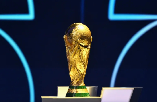 The FIFA World Cup Trophy displayed on a podium during the draw for the 2026 FIFA World Cup