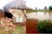 One of the mud houses destroyed by the rain (L) & The rain flooded some parts of the community (R)