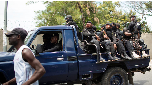 Policemen patrol around Goma in North Kivu province of the Democratic Republic of Congo
