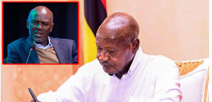 President Museveni pictured writing recently. Inset is businessman Andrew Mwenda