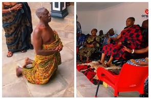 Abusua Panin Kwaku Asare of Obosomase  on his knees and Okuapemhene Os eadeyo Kwasi Akuffo II